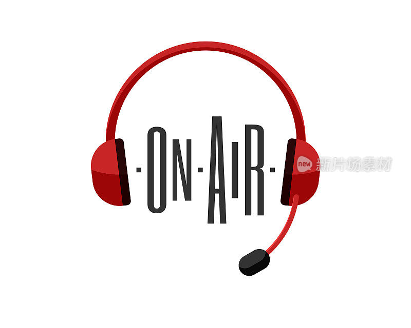 广播电台的标志。红色耳机与On Air题词程式化的声波。直播播客和广播符号设计概念。矢量图